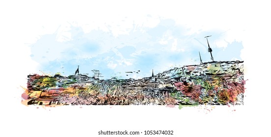 Buildings view of Seoul, Capital of South Korea. Watercolor splash with hand drawn sketch illustration in vector .
