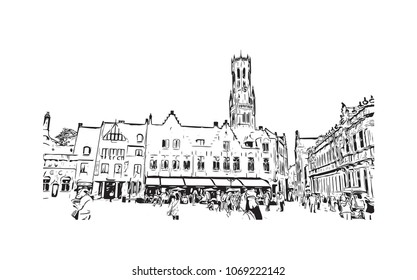 Buildings view with street of Bruges, City in Belgium. Hand drawn sketch illustration in vector.