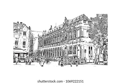 Buildings view with street of Bruges, City in Belgium. Hand drawn sketch illustration in vector.