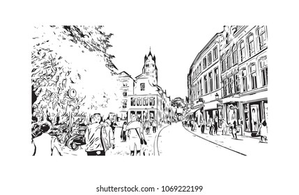 Buildings view with street of Bruges, City in Belgium. Hand drawn sketch illustration in vector.