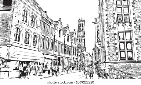 Buildings view with street of Bruges, City in Belgium. Hand drawn sketch illustration in vector.