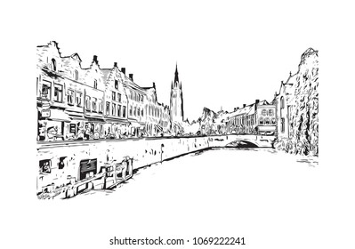 Buildings view with street of Bruges, City in Belgium. Hand drawn sketch illustration in vector.