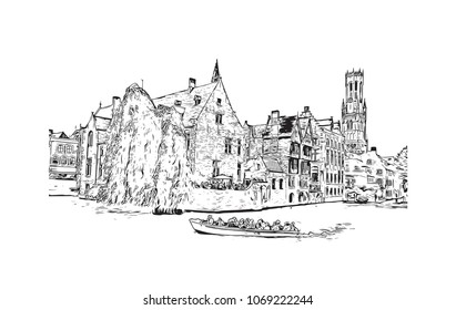 Buildings view with street of Bruges, City in Belgium. Hand drawn sketch illustration in vector.