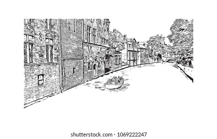 Buildings view with street of Bruges, City in Belgium. Hand drawn sketch illustration in vector.