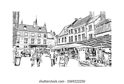 Buildings view with street of Bruges, City in Belgium. Hand drawn sketch illustration in vector.