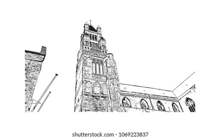 Buildings view with street of Bruges, City in Belgium. Hand drawn sketch illustration in vector.