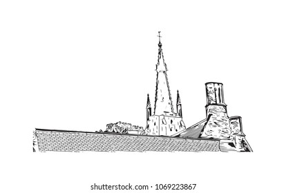 Buildings view with street of Bruges, City in Belgium. Hand drawn sketch illustration in vector.
