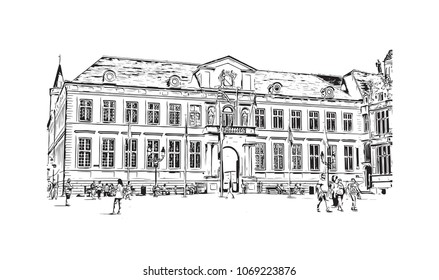 Buildings view with street of Bruges, City in Belgium. Hand drawn sketch illustration in vector.