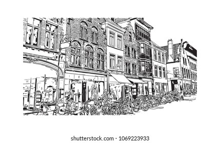 Buildings view with street of Bruges, City in Belgium. Hand drawn sketch illustration in vector.