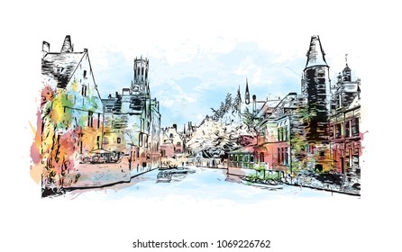 Buildings view with street of Bruges, City in Belgium. Watercolor splash with hand drawn sketch illustration in vector.