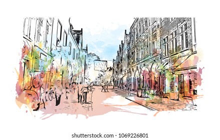 Buildings view with street of Bruges, City in Belgium. Watercolor splash with hand drawn sketch illustration in vector.