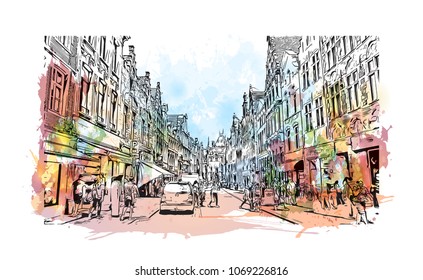 Buildings view with street of Bruges, City in Belgium. Watercolor splash with hand drawn sketch illustration in vector.
