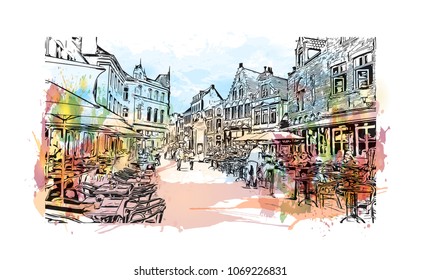 Buildings view with street of Bruges, City in Belgium. Watercolor splash with hand drawn sketch illustration in vector.