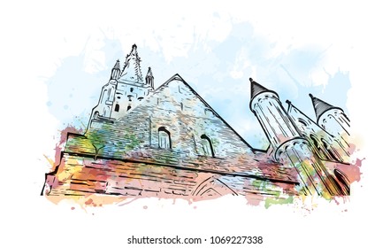 Buildings view with street of Bruges, City in Belgium. Watercolor splash with hand drawn sketch illustration in vector.