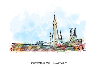 Buildings view with street of Bruges, City in Belgium. Watercolor splash with hand drawn sketch illustration in vector.