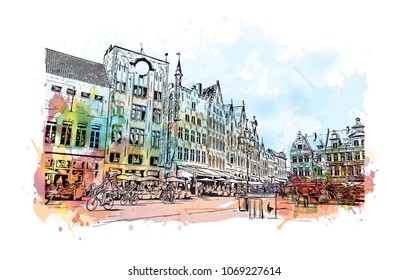 Buildings view with street of Bruges, City in Belgium. Watercolor splash with hand drawn sketch illustration in vector.