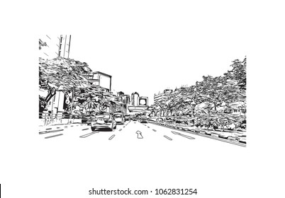 Buildings view with street of Lima Capital of Peru. Hand drawn sketch illustration in vector.