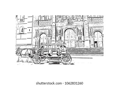 Buildings view with street of Lima Capital of Peru. Hand drawn sketch illustration in vector.