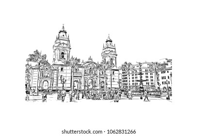 Buildings view with street of Lima Capital of Peru. Hand drawn sketch illustration in vector.