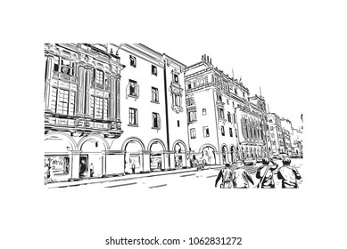 Buildings view with street of Lima Capital of Peru. Hand drawn sketch illustration in vector.