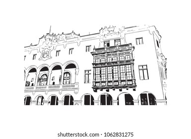 Buildings view with street of Lima Capital of Peru. Hand drawn sketch illustration in vector.