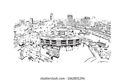Buildings view with street of Lima Capital of Peru. Hand drawn sketch illustration in vector.
