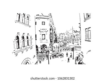 Buildings view with street of Lima Capital of Peru. Hand drawn sketch illustration in vector.