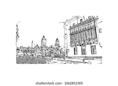Buildings view with street of Lima Capital of Peru. Hand drawn sketch illustration in vector.
