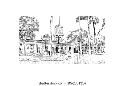 Buildings view with street of Lima Capital of Peru. Hand drawn sketch illustration in vector.