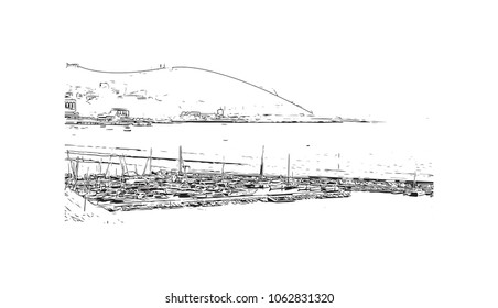 Buildings view with street of Lima Capital of Peru. Hand drawn sketch illustration in vector.