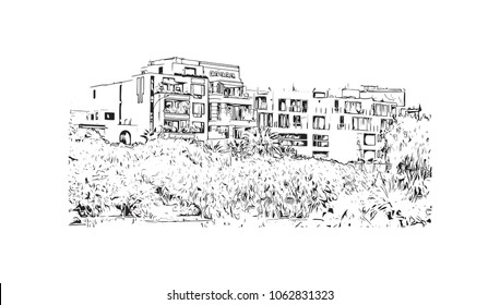 Buildings view with street of Lima Capital of Peru. Hand drawn sketch illustration in vector.