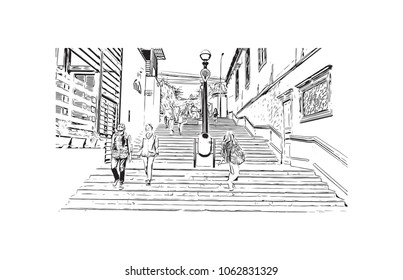 Buildings view with street of Lima Capital of Peru. Hand drawn sketch illustration in vector.