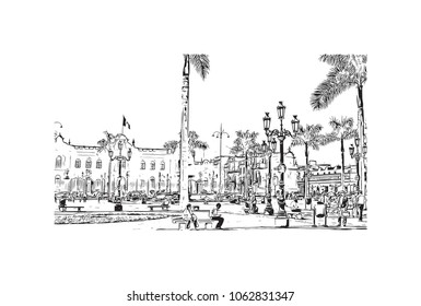 Buildings view with street of Lima Capital of Peru. Hand drawn sketch illustration in vector.
