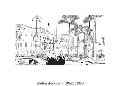 Buildings view with street of Lima Capital of Peru. Hand drawn sketch illustration in vector.