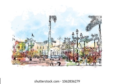 Buildings view with street of Lima, Capital of Peru. Watercolor splash with hand drawn sketch illustration in vector.