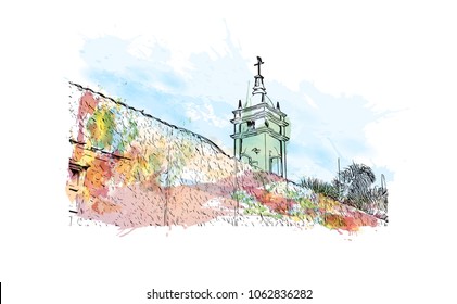 Buildings view with street of Lima, Capital of Peru. Watercolor splash with hand drawn sketch illustration in vector.