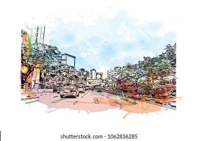 Buildings view with street of Lima, Capital of Peru. Watercolor splash with hand drawn sketch illustration in vector.