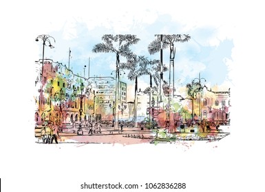 Buildings view with street of Lima, Capital of Peru. Watercolor splash with hand drawn sketch illustration in vector.