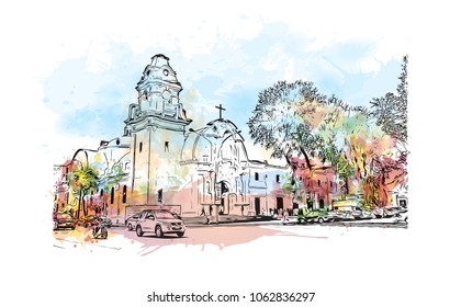 Buildings view with street of Lima, Capital of Peru. Watercolor splash with hand drawn sketch illustration in vector.