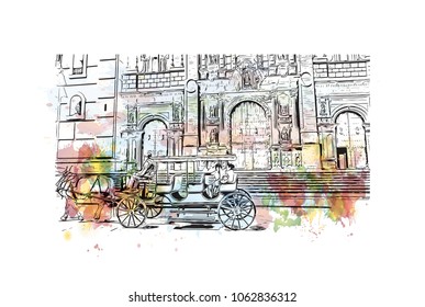 Buildings view with street of Lima, Capital of Peru. Watercolor splash with hand drawn sketch illustration in vector.