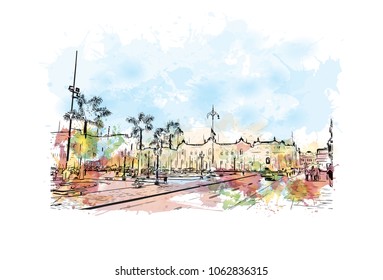 Buildings view with street of Lima, Capital of Peru. Watercolor splash with hand drawn sketch illustration in vector.