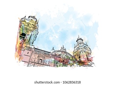 Buildings view with street of Lima, Capital of Peru. Watercolor splash with hand drawn sketch illustration in vector.