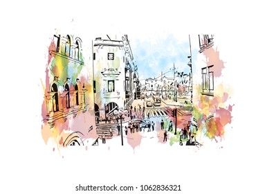 Buildings view with street of Lima, Capital of Peru. Watercolor splash with hand drawn sketch illustration in vector.