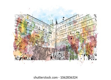 Buildings view with street of Lima, Capital of Peru. Watercolor splash with hand drawn sketch illustration in vector.