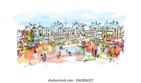 Buildings view with street of Lima, Capital of Peru. Watercolor splash with hand drawn sketch illustration in vector.