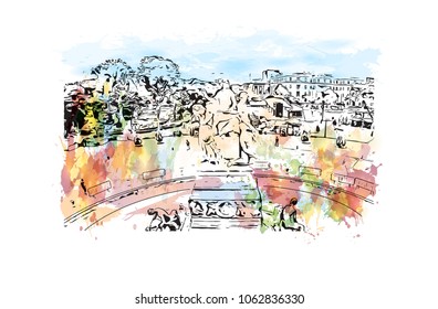 Buildings view with street of Lima, Capital of Peru. Watercolor splash with hand drawn sketch illustration in vector.