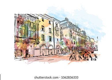 Buildings view with street of Lima, Capital of Peru. Watercolor splash with hand drawn sketch illustration in vector.