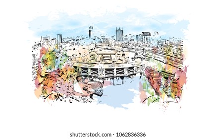 Buildings view with street of Lima, Capital of Peru. Watercolor splash with hand drawn sketch illustration in vector.