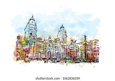 Buildings view with street of Lima, Capital of Peru. Watercolor splash with hand drawn sketch illustration in vector.