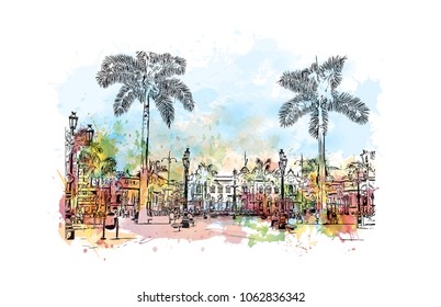 Buildings view with street of Lima, Capital of Peru. Watercolor splash with hand drawn sketch illustration in vector.